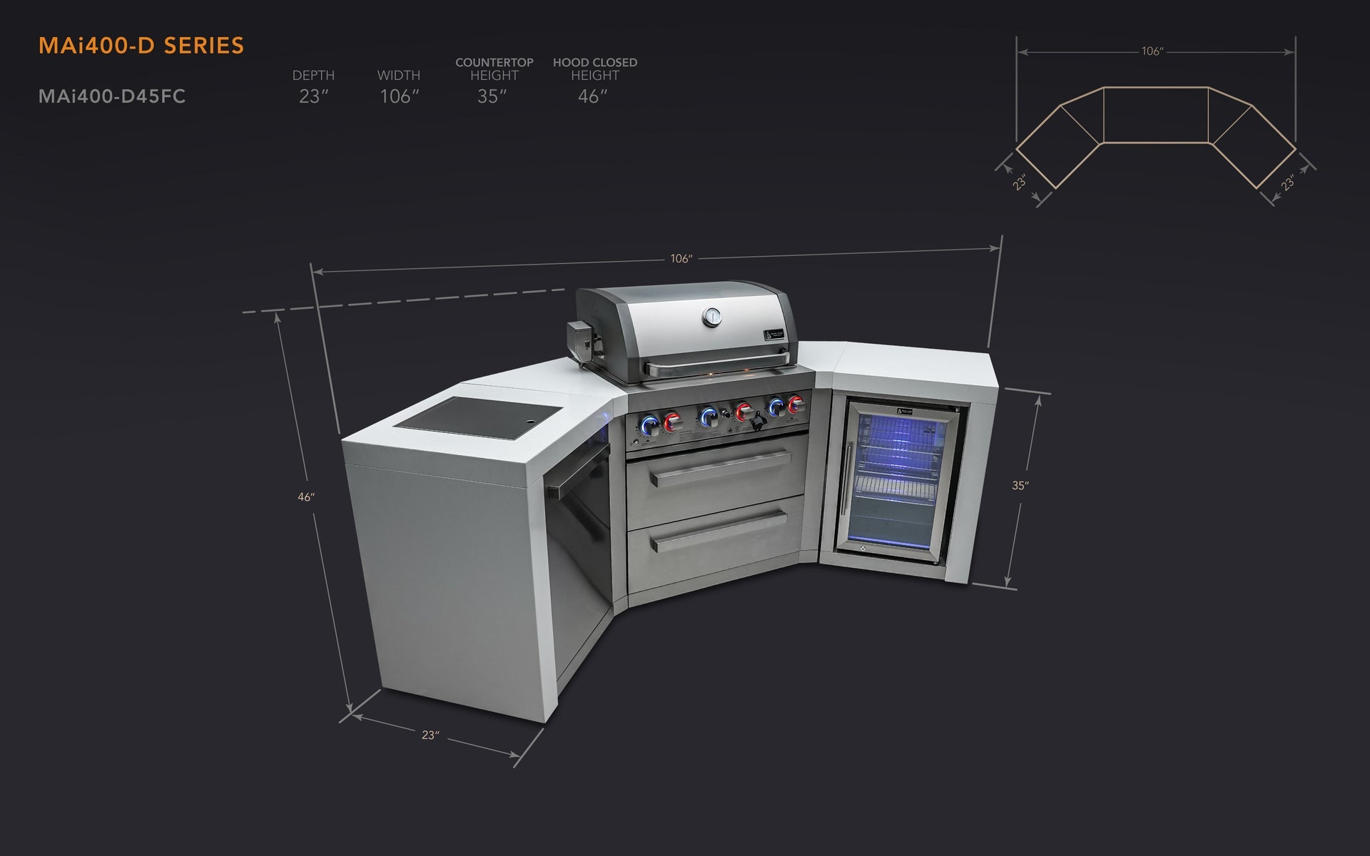 400 4-Burner Deluxe Island w/ Fridge & 45 Degree Corners