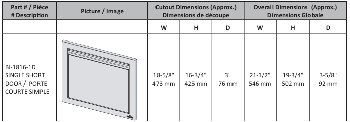 18" X 16" Single Door