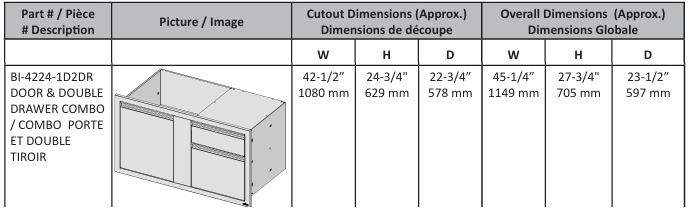 42" X 24" Large Single Door & Standard Drawer