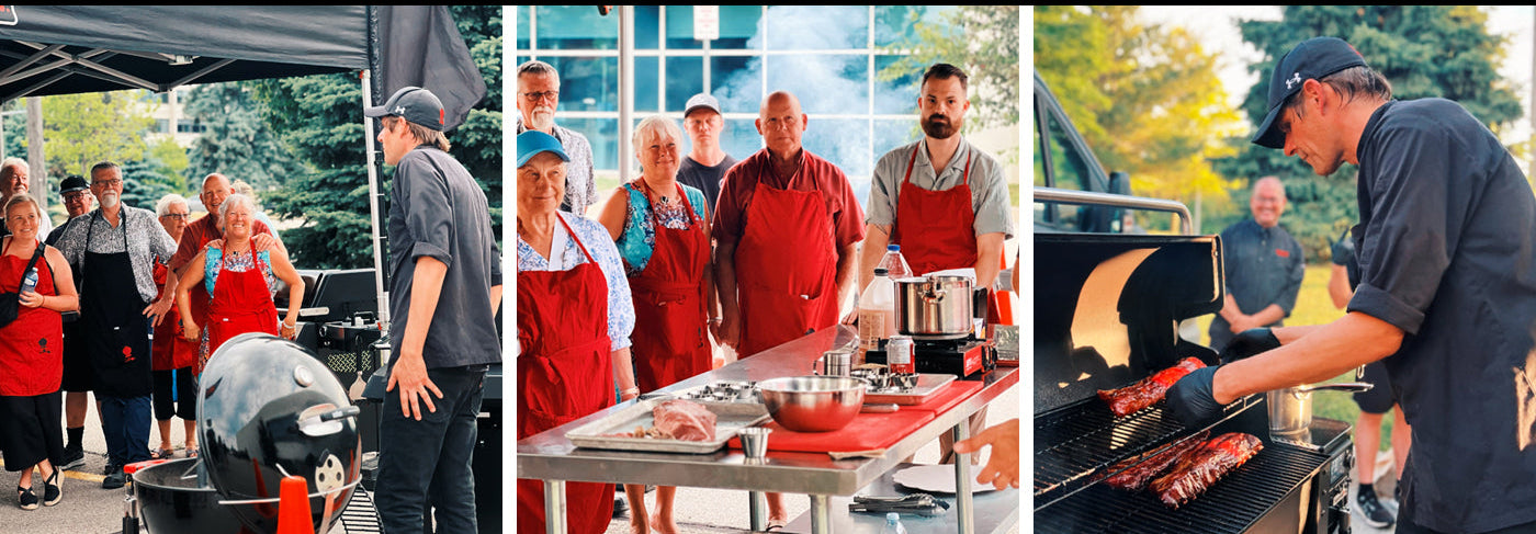 Promotional image for a grill academy with people around a grill and a person cooking on a grill, featuring Weber branding.