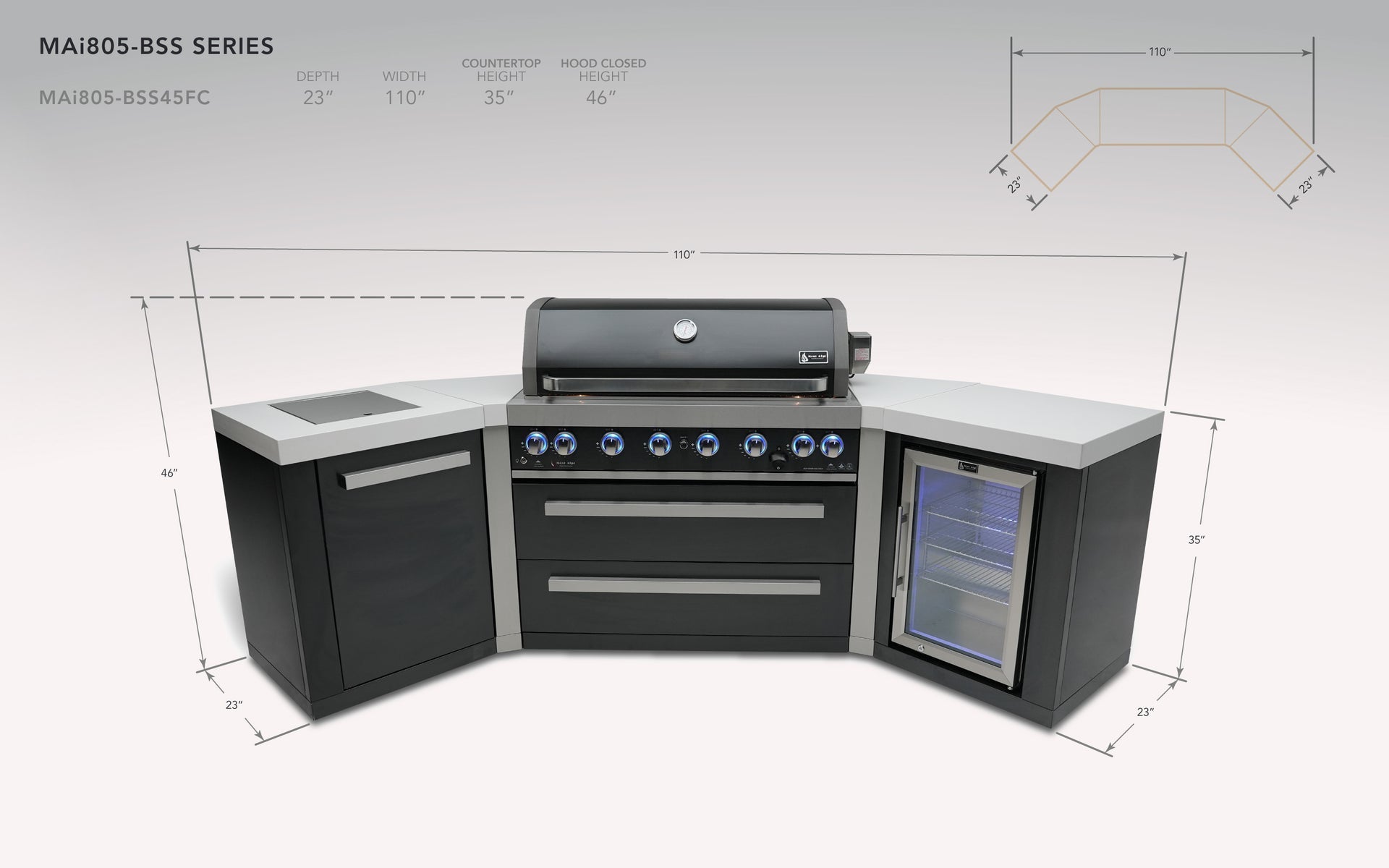 805 6-Burner Black Series Island w/ Fridge & 45 Degree Corners