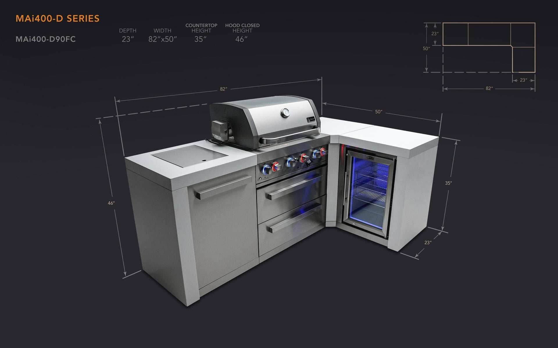 400 4-Burner Deluxe L-Shape Island w/ Fridge