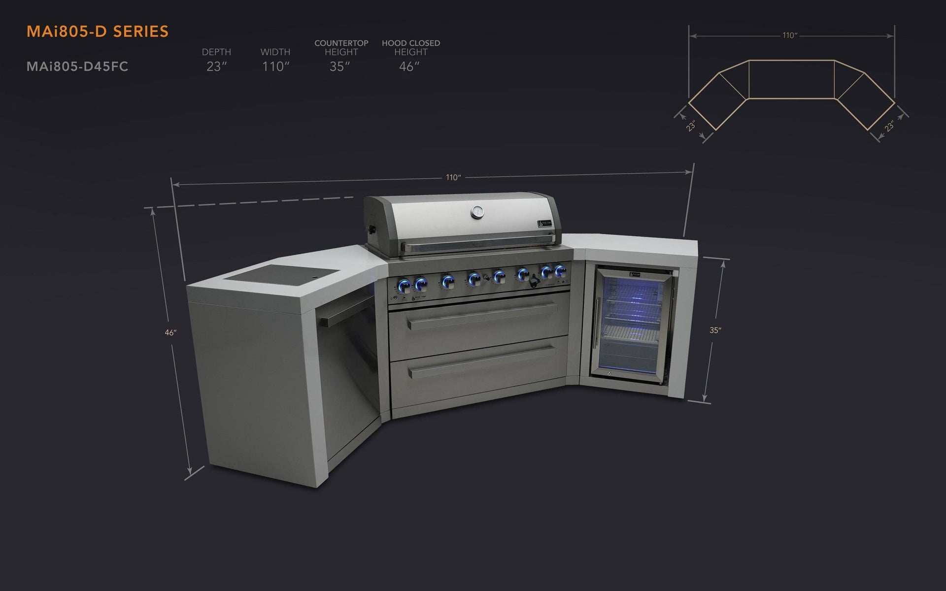805 6-Burner Deluxe Island w/ Fridge & 45 Degree Corners